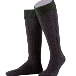 Online Herren Kniestrumpf mit handgezogenem Zopf und farbig abgesetztem Bund, Anthrazit-Tanne Herren Socken